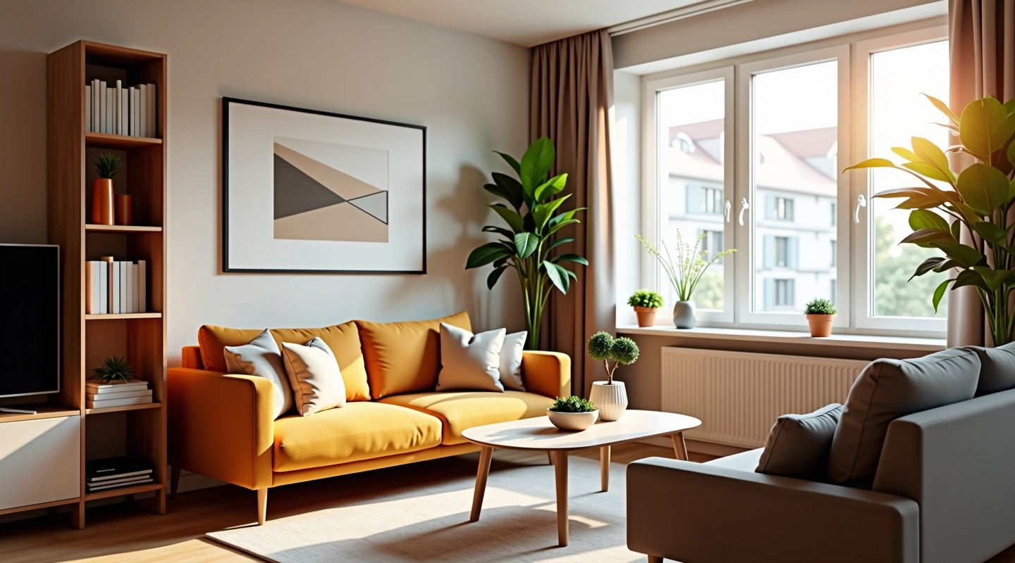 Moderne seniorvriendelijke woonkamer met comfortabele zitplaatsen en gemakkelijk bereikbare kast