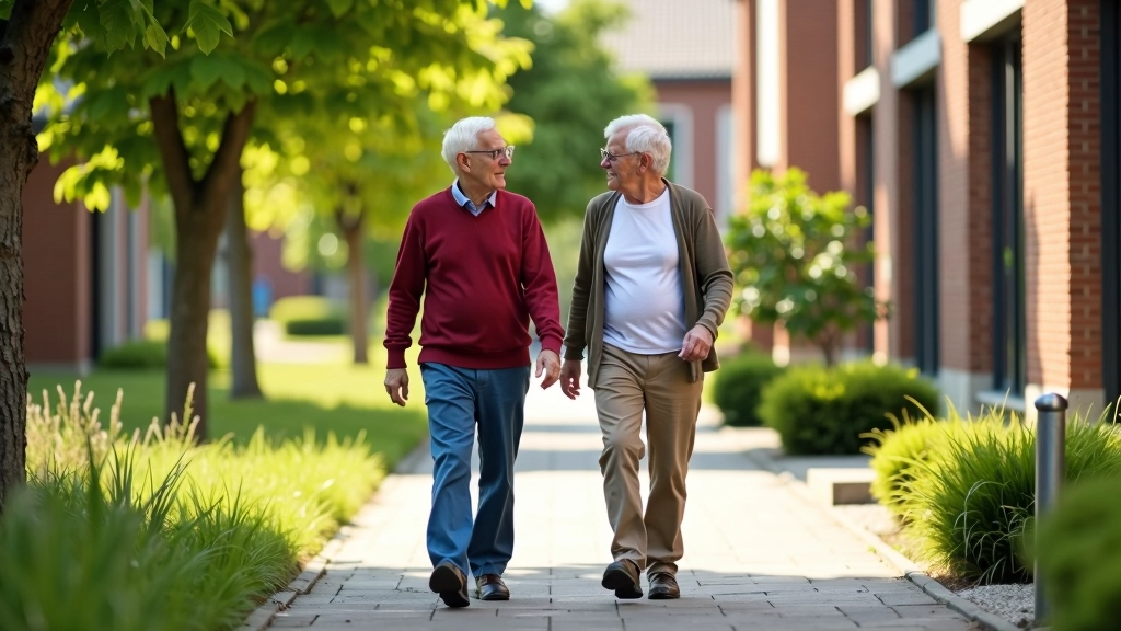 Twee senioren wandelen buiten in een woonwijk met groen en goede bereikbaarheid